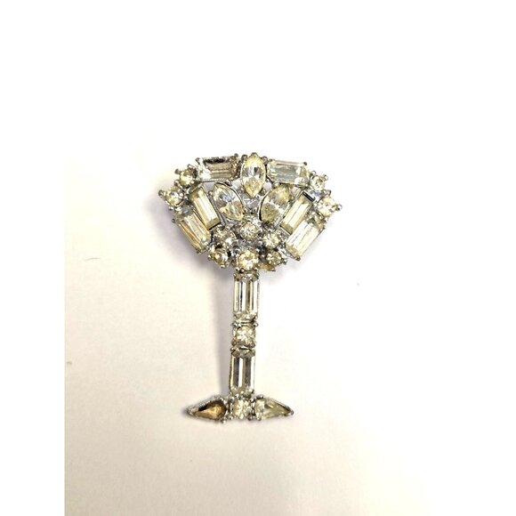 Vintage Rhinestone Cocktail Glass Pin Brooch Silver Tone Elegant Design - Picture 1 of 3